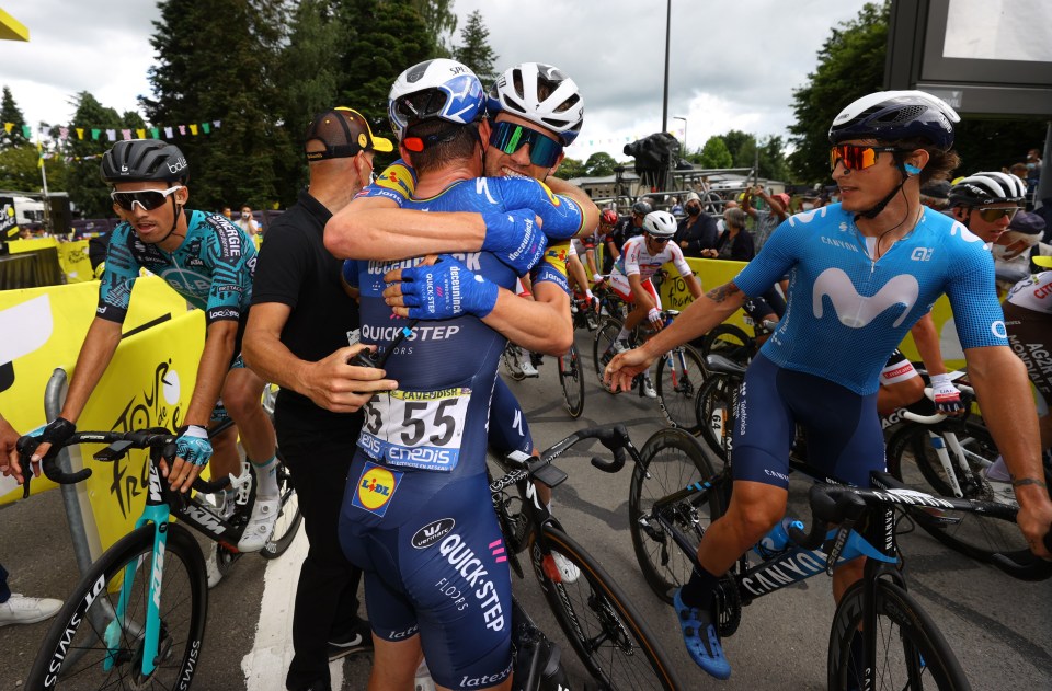 Cavendish was mobbed by his thrilled team-mates at the stage finish