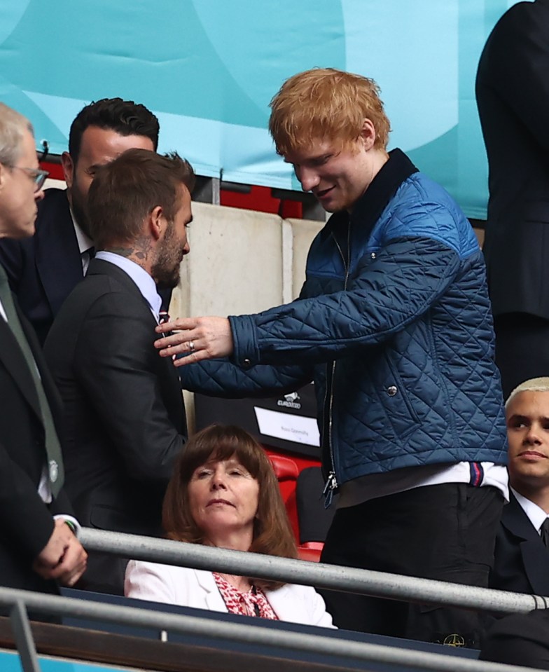 Ed Sheeran jokes with Beckham in the stands