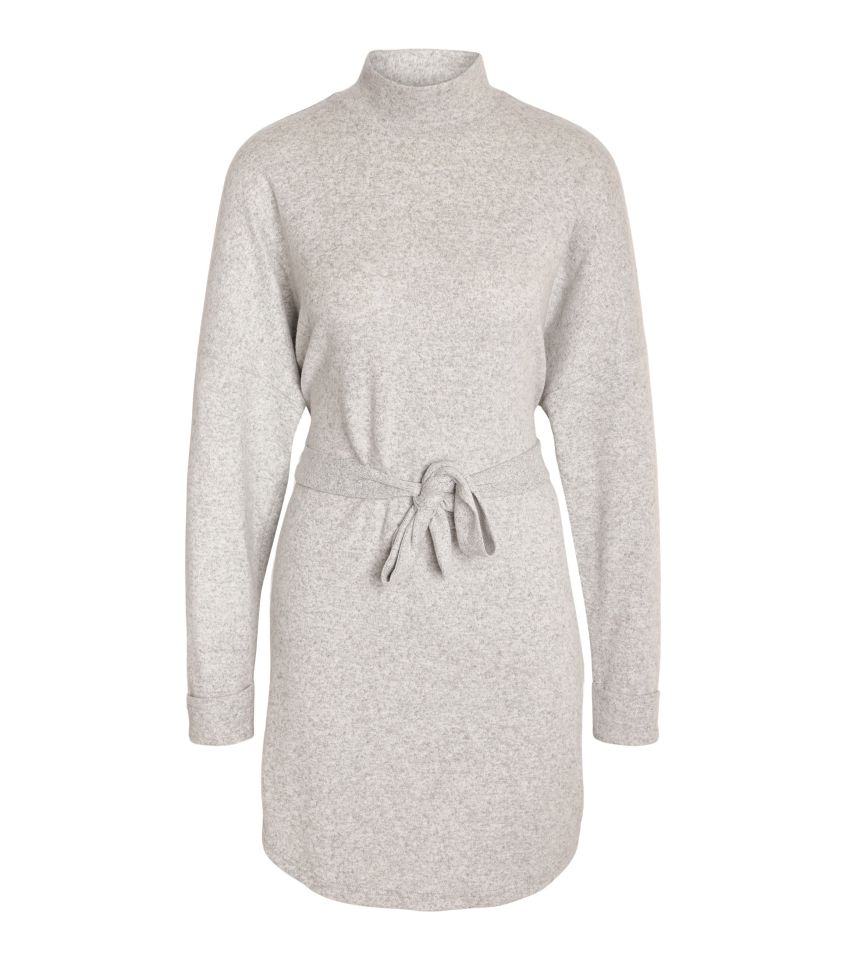  Noisy May Pale Grey Knit High Neck Belted Mini Dress