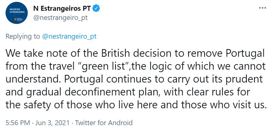 Portugal's Ministry for Foreign Affairs tweeted after the announcement