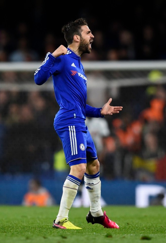 Cesc Fabregas celebrates the 2-2 draw with Tottenham in May 2016