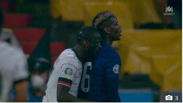 Germany and Chelsea defender star Antonio Rudiger appeared to have a nibble of Frenchman Paul Pogba's back