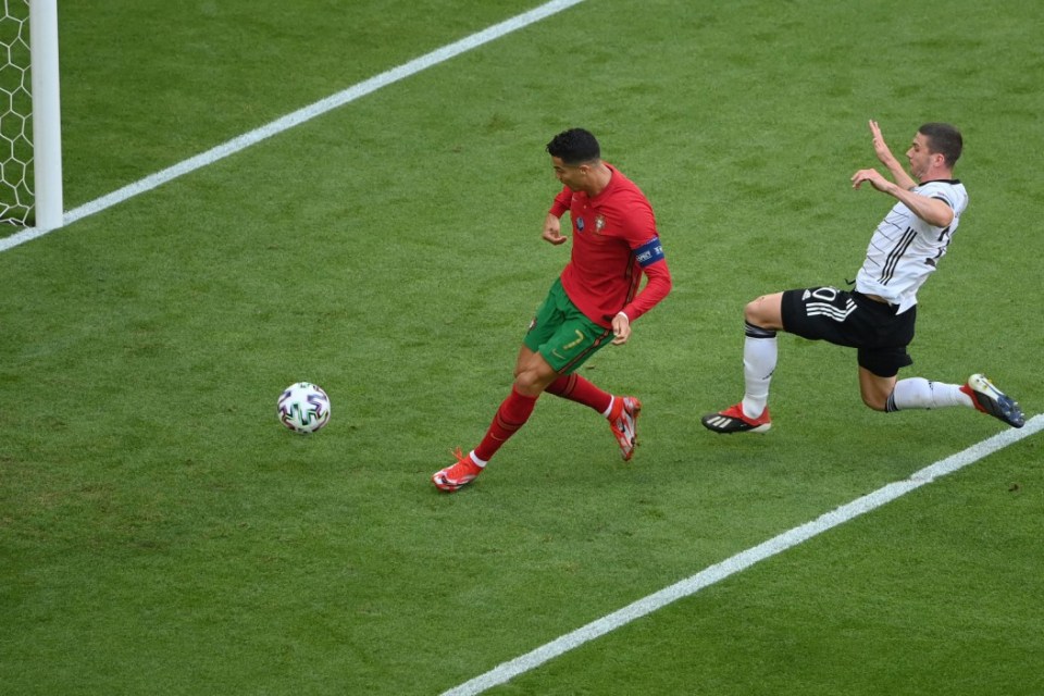 Cristiano Ronaldo, 36, taps home Portugal's opener after an incredible sprint that saw him head away a Germany corner