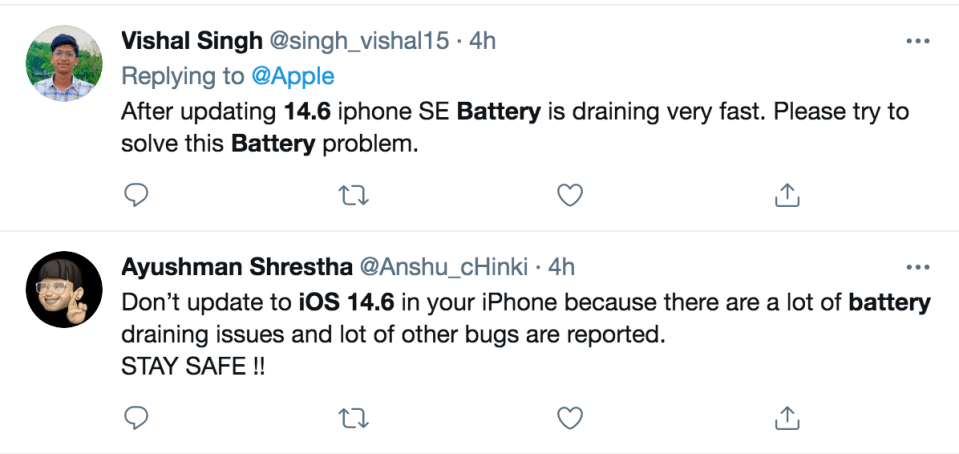 Several Apple users have taken to Twitter to complain about battery issues after updating to iOS 14.6