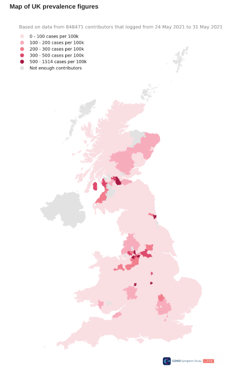 Prof Spector said the "Delta variant has taken hold" in the hotspots (pictured)