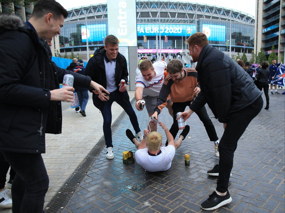 Fans recreate Paul Gascoigne’s Euro 1996 dentist chair goal celebration outside of Wembley