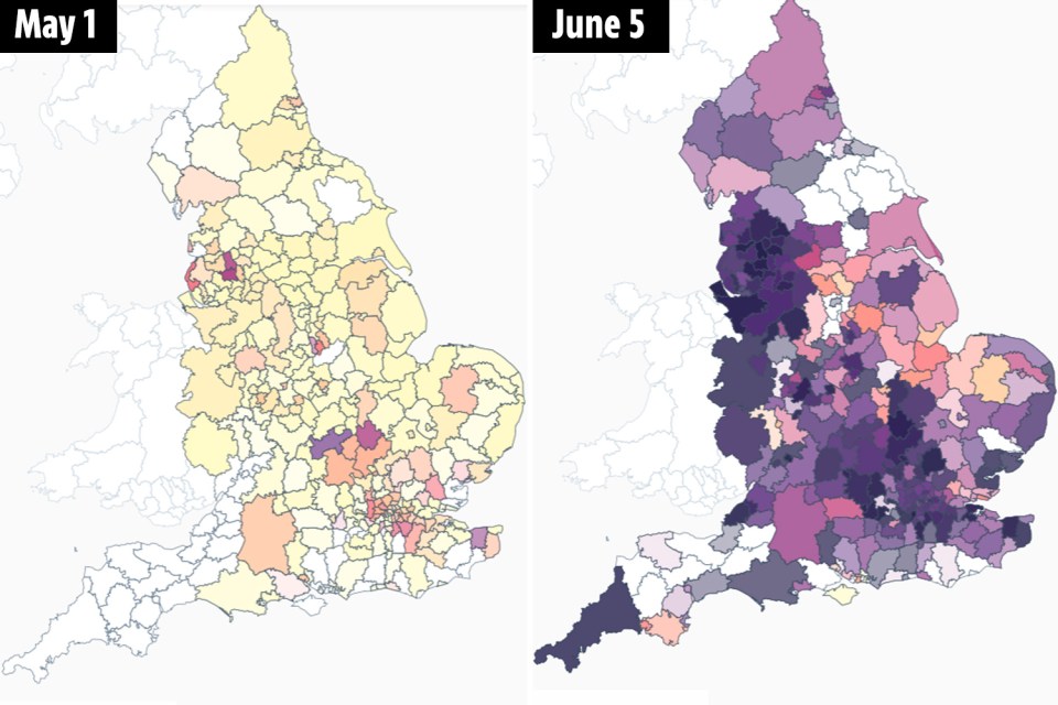 This map shows which areas are dominated by the Delta variant, with the darker colours representing 100%