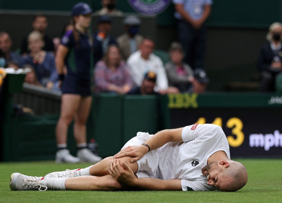 Adrian Mannarino took a tumble on the slippery Centre Court and was forced to stop