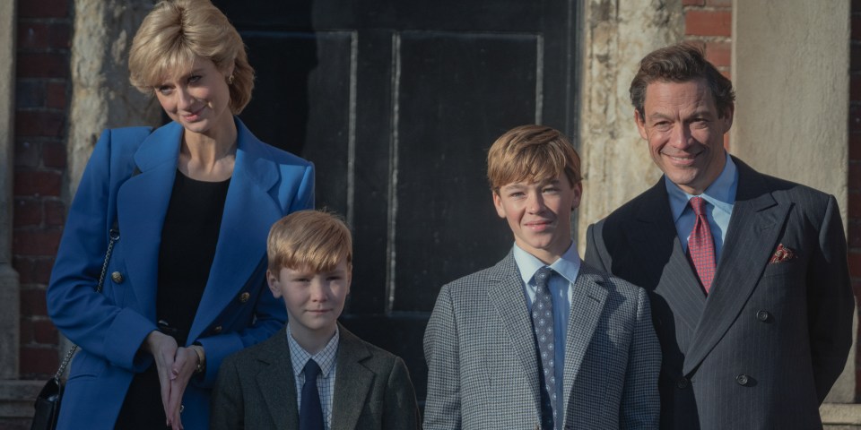 Will Powell (middle left) plays Prince Harry in The Crown season five.