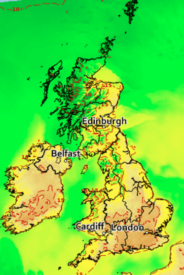 The Met Office's map for Saturday showing the balmy weather