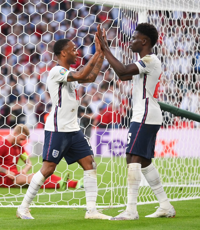 Raheem Sterling celebrates with Bukayo Saka after their side's first goal