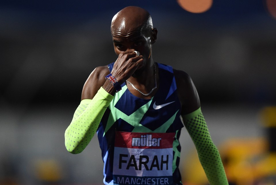 Farah reacts after his 10,000 metre time of 27 minutes 47 seconds ended his chances of qualifying for Tokyo 2020