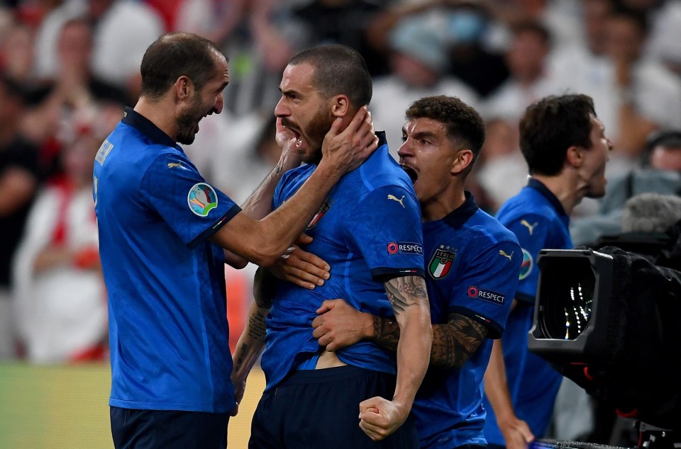 Italy celebrated after equalising at Wembley through Bonucci's goal-line tap-in