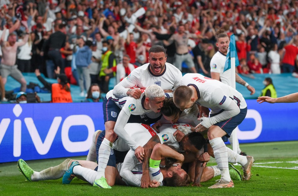 England celebrate their second goal against Denmark in the semi-final