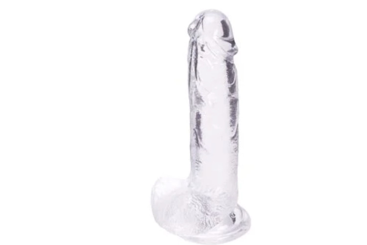  This jelly-like dildo has a suction cup for shower play