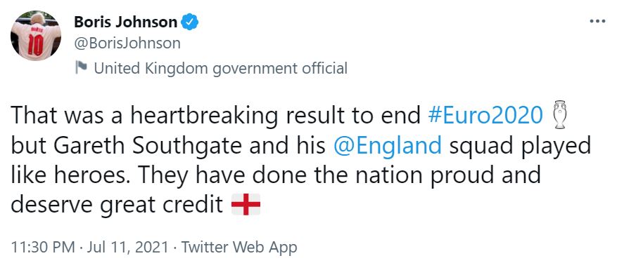 The Prime Minister described England's defeat as 'heartbreaking' but said the team 'deserve great credit'