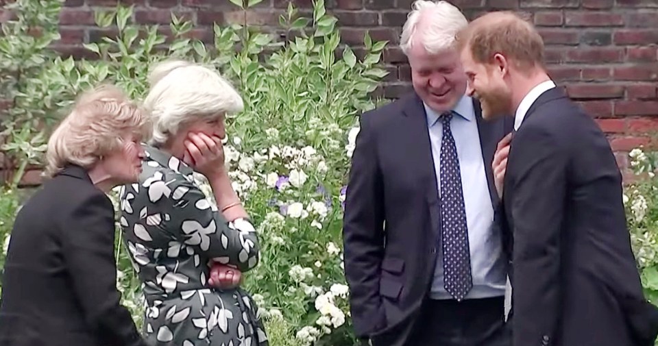 Harry giggled and spoke to to his mum siblings Earl Spencer and sisters Lady Sarah McCorquodale and Lady Jane Fellowes