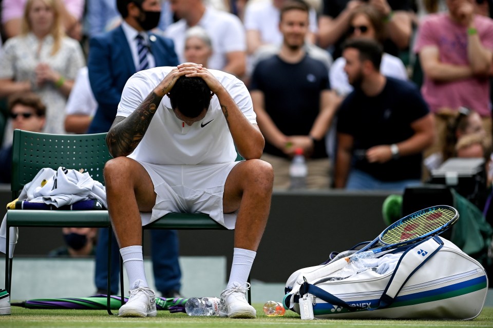 Nick Kyrgios looked distraught as he forced to quit Wimbledon 2021 with an ab injury