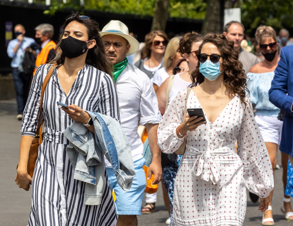 There has been firey debate over whether to keep face coverings in place after July 19. Pictured: Tennis fans queue up in masks at the All England Lawn Tennis Club for Wimbeldon