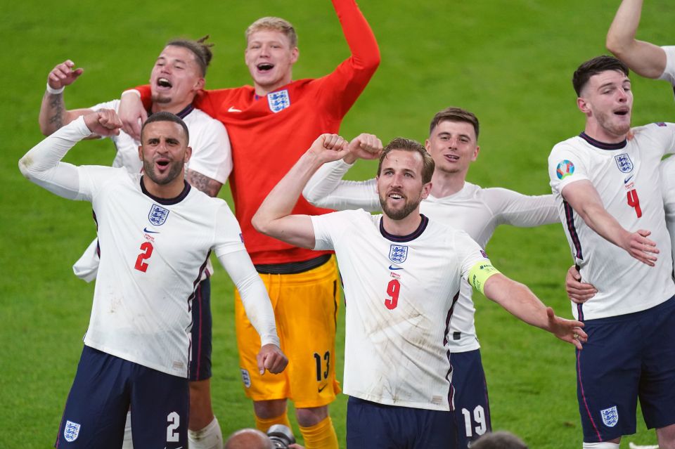 Kyle Walker, left, joins Harry Kane and Co as they celebrate England reaching Sunday's Euro 2020 final with Italy