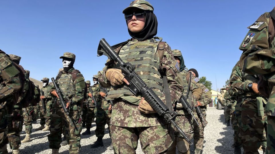 A female Afghan special force commando unit officer attends a graduation ceremony at the military academy in Kabul, Afghanistan, on 31 May 2021