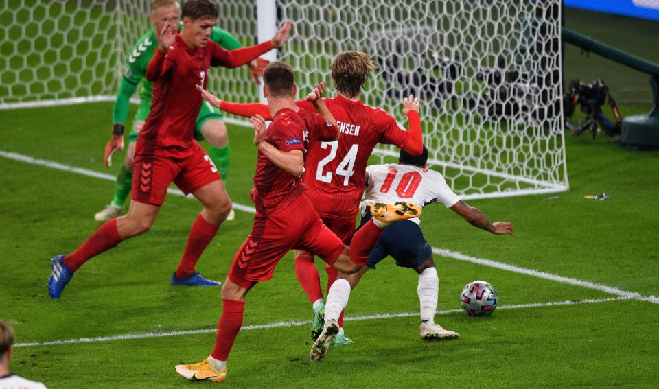 Raheem Sterling was fouled for the penalty which helped send England past Denmark