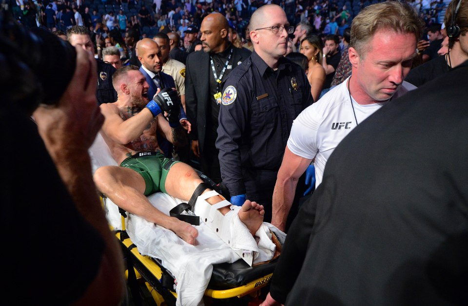 He left the arena on a stretcher with his leg in a cast