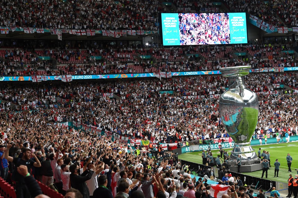 A giant Euro trophy inside the stadium before the match