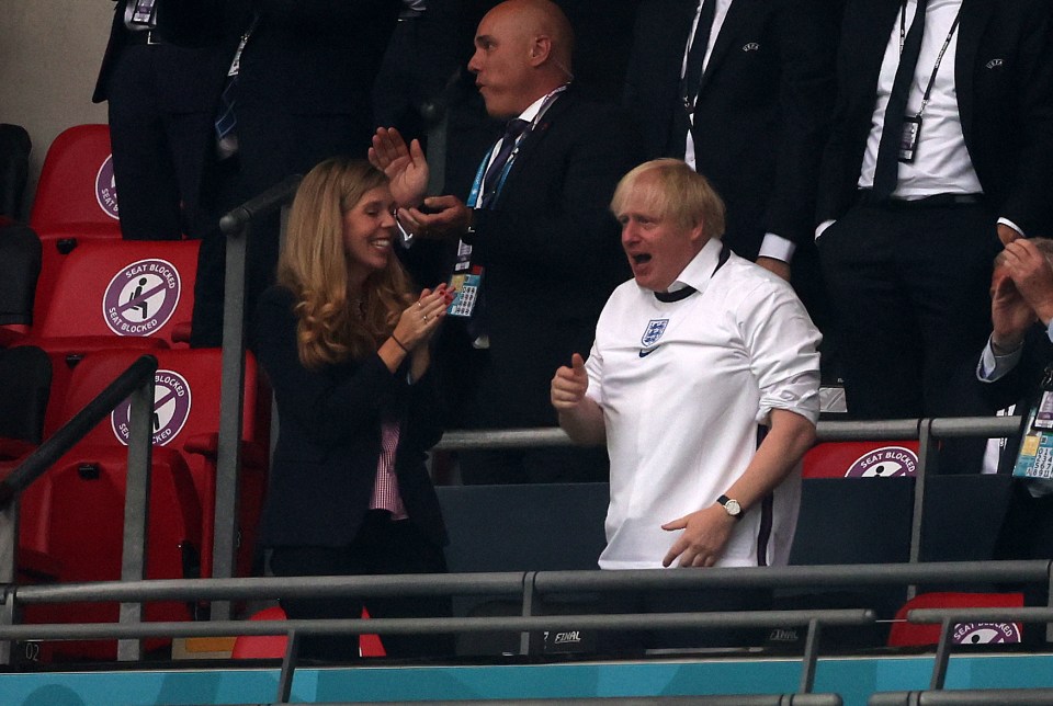 Boris Johnson and Carrie roared with delight as the Three Lions took the lead against Italy in the second minute of the Euro 2020 final