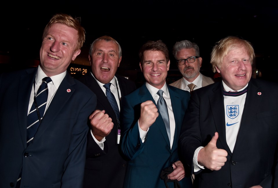 Oliver Dowden, Peter Shilton, Boris Johnson and Tom Cruise are pictured together before the game