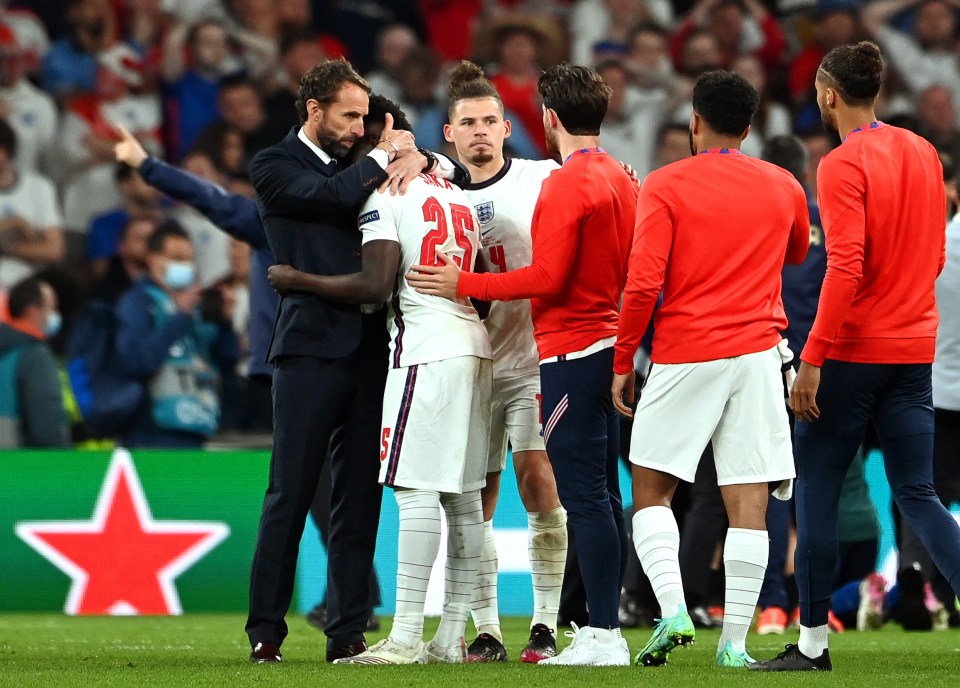 Gareth Southgate consoled Bukayo Saka after he bravely volunteered for the crucial fifth penalty, only to see it saved