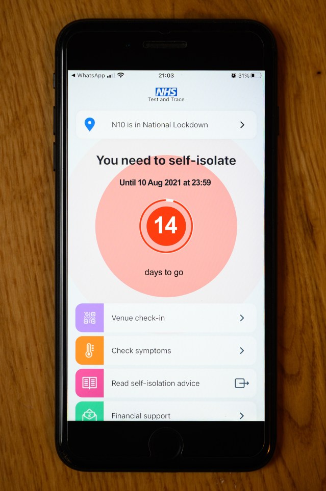 An alert on the official NHS Covid-19 Test and Trace app informing the user to quarantine