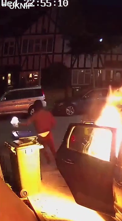 One thug flees with his left arm on fire after torching the car