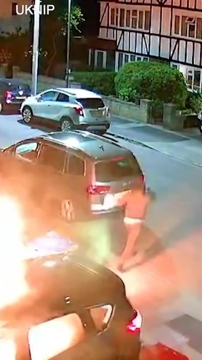 The arsonist then flees with his arm on fire