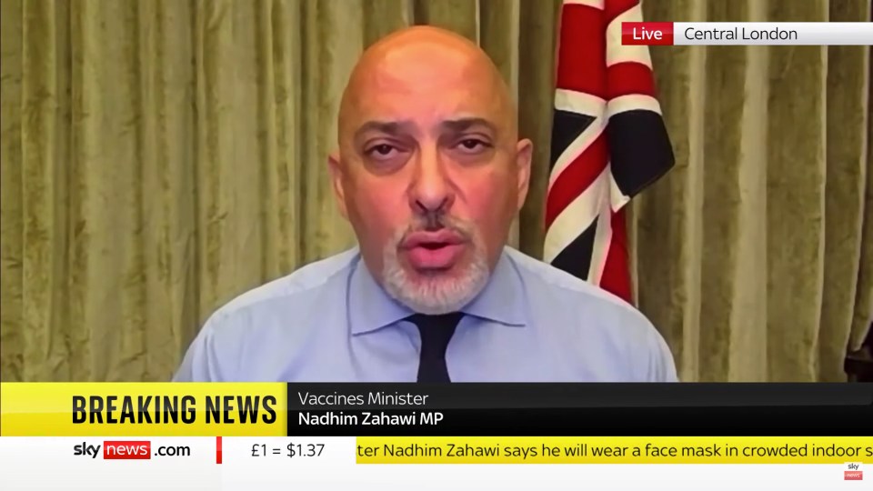 Vaccines Minister Nadhim Zahawi has said the NHS Test and Trace app won't be tweaked