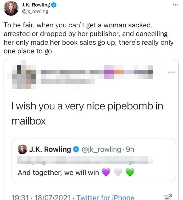 The Harry Potter author replied to a troll who 'wished' her a 'very nice pipebomb in mailbox'