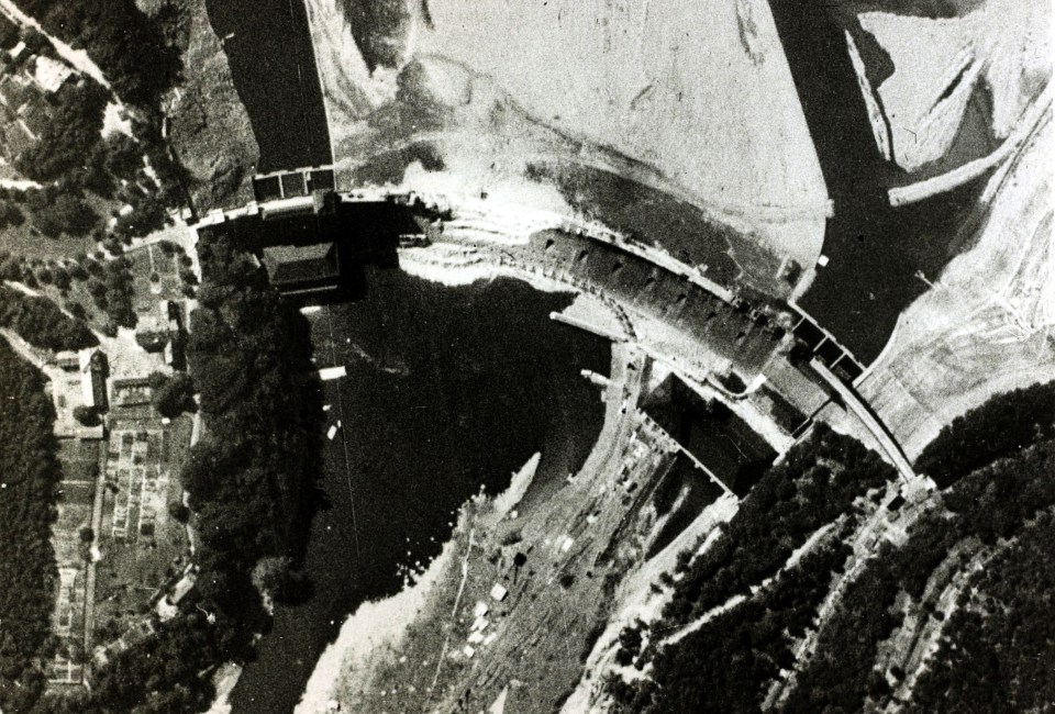 Aerial view of a 96 foot breach in the Eder Dam after the Dambusters bomb raid