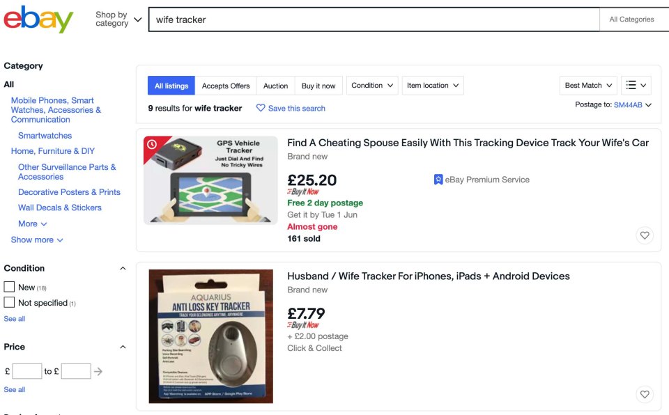 A simple search for a 'wife tracker' comes up with devices listed to 'find a cheating spouse'