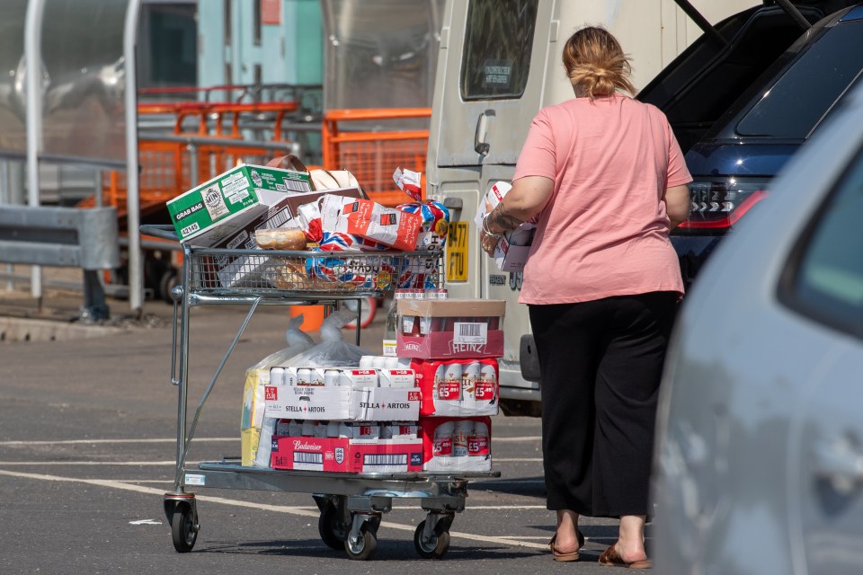 People cram their trolleys full of food and drink