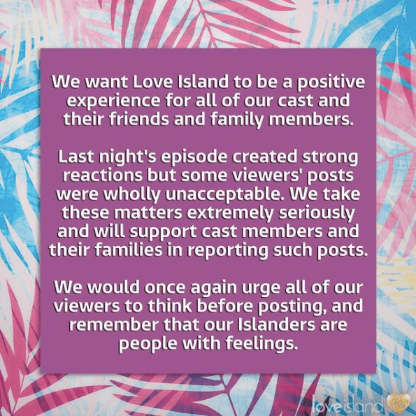 Love Island bosses have branded the vile trolling 'wholly unacceptable'