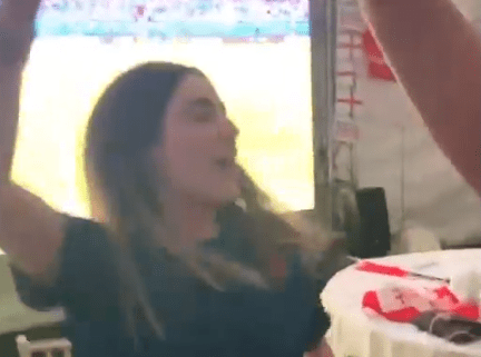 The future Mrs Maguire celebrates the England defender's goal