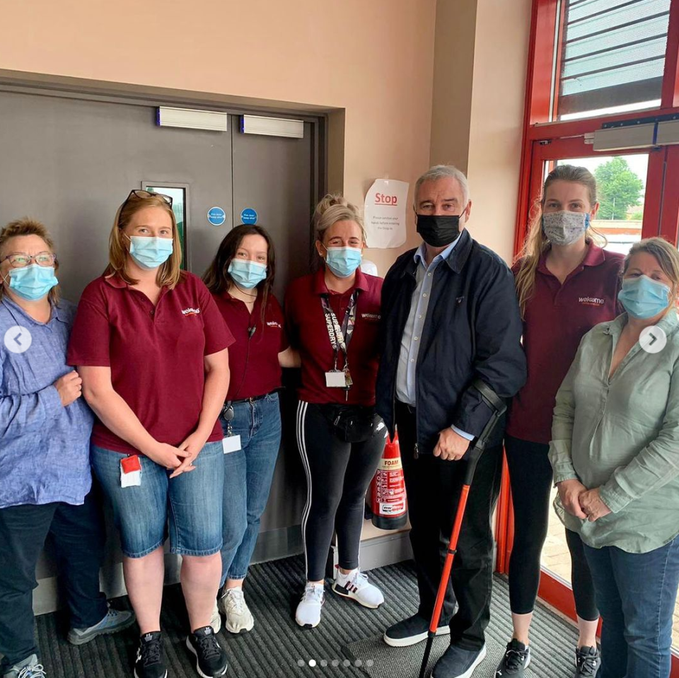 Presenter Eamonn Holmes used a walking stick while visiting a food bank on the weekend