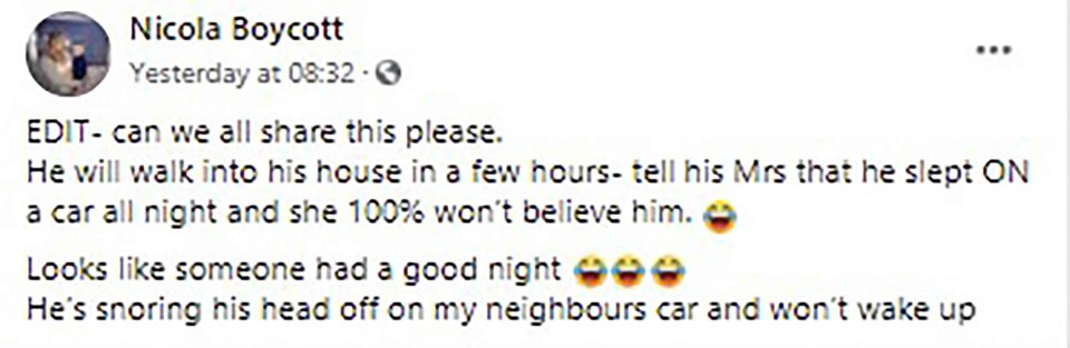 Nicola shared the image of the sleeping man on Facebook with this message