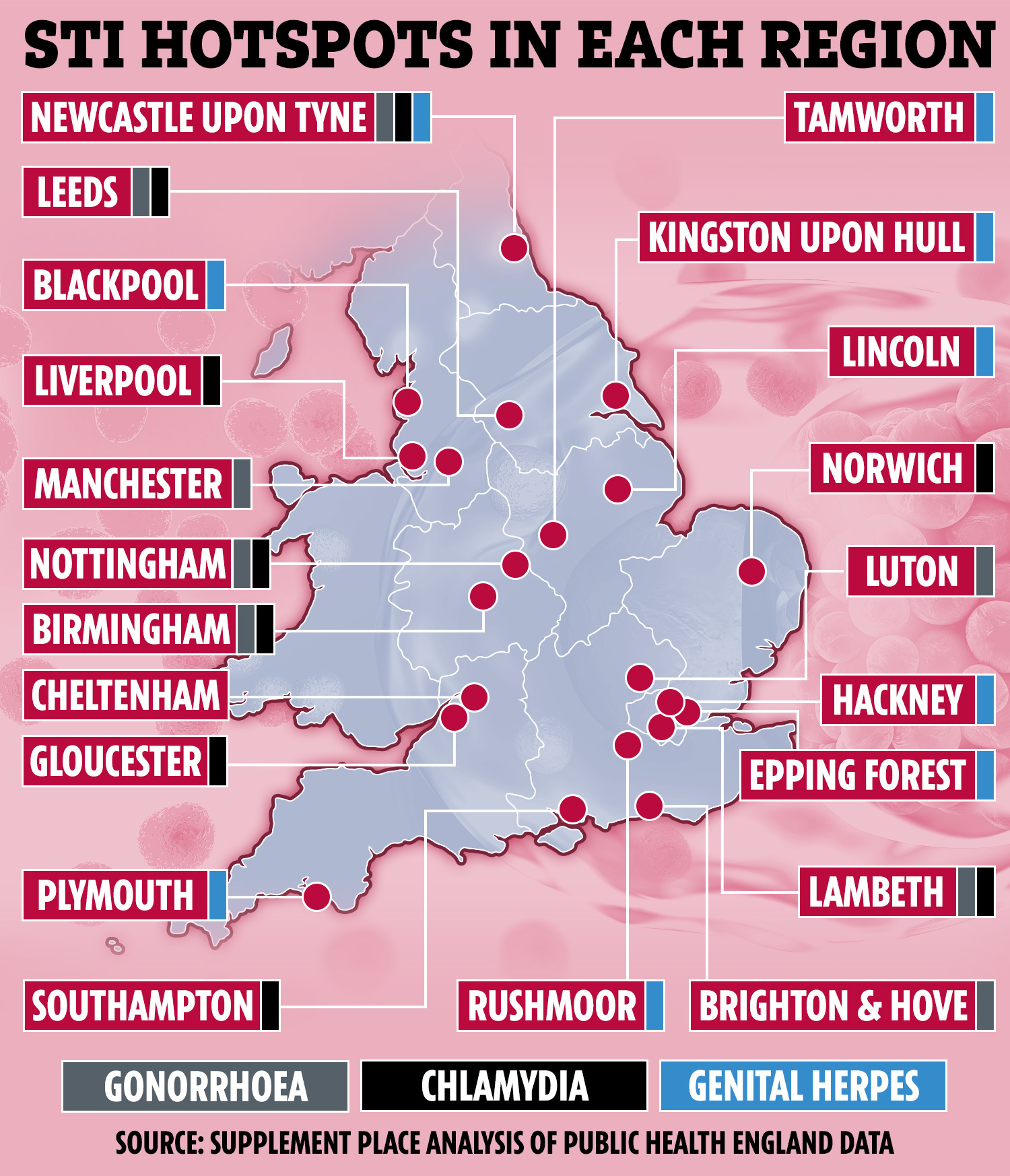 This map reveals where the hotspots for gonorrhoea, chlamydia and herpes are for each region