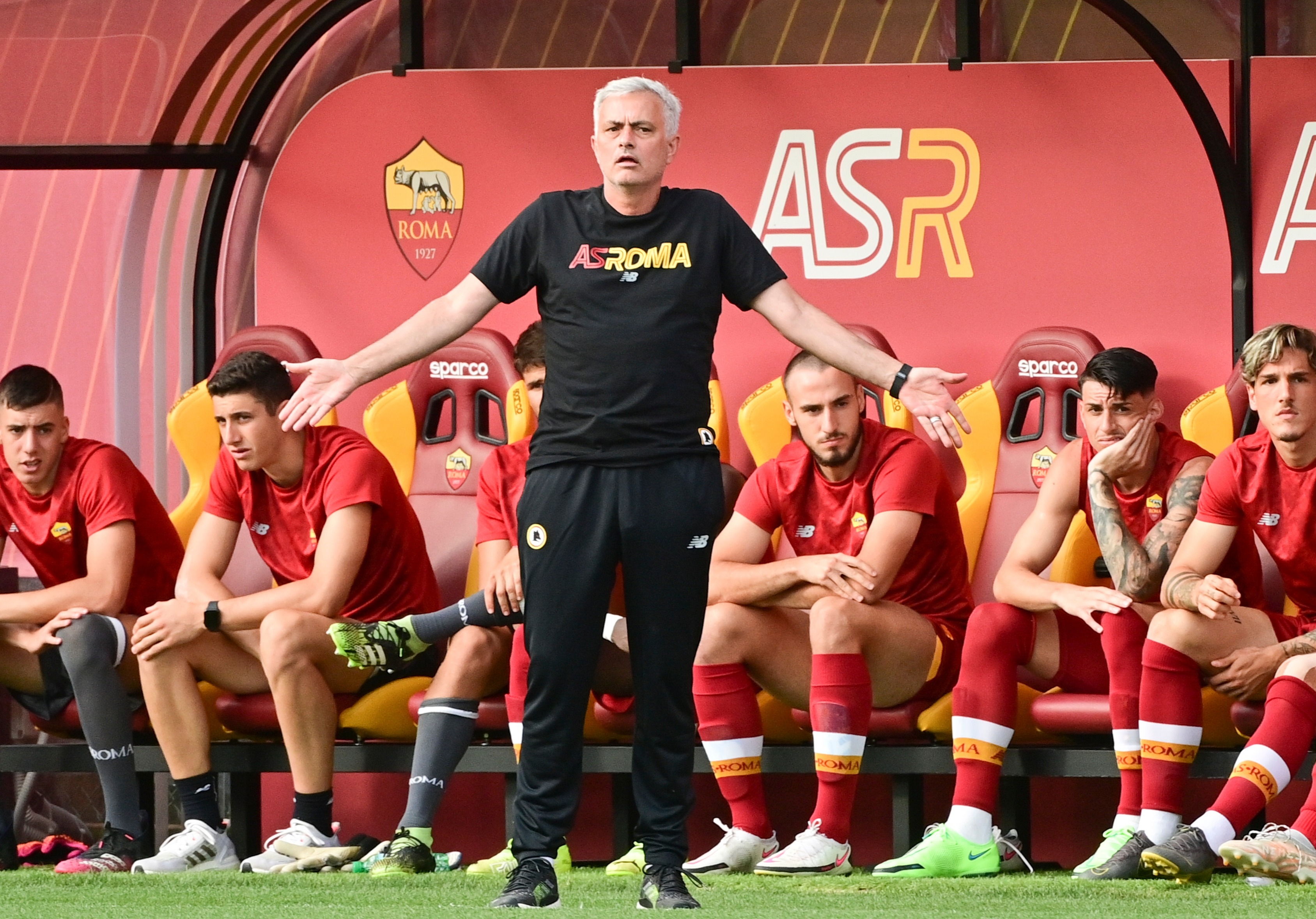 Jose Mourinho donned a Roma tracksuit and T-shirt on the touchline for the first time