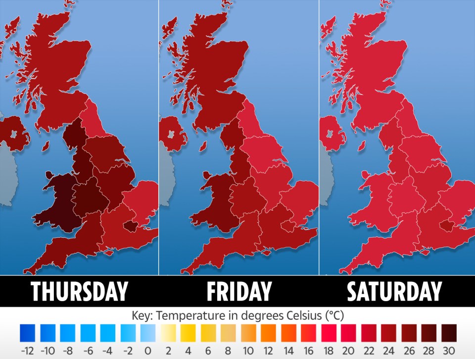 Temperatures will remain hot until Friday before thunderstorms hit at the weekend