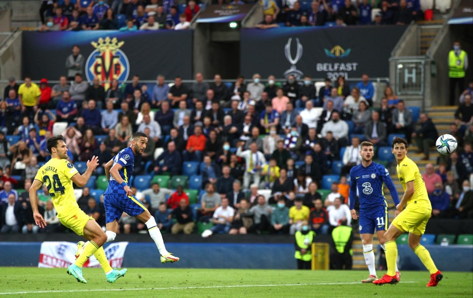 Midfielder Hakim Ziyech watches as he smashes Chelsea ahead in the first half