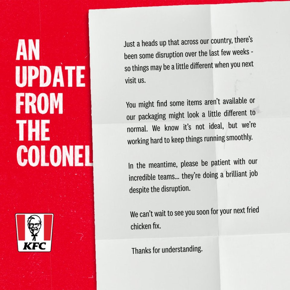 KFC posted the announcement on social media last night