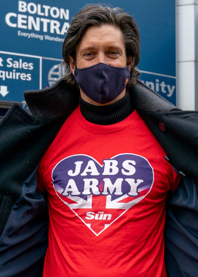 Vernon Kay met with patients and staff members at a vaccination centre at Bolton Stadium, Horwich, Bolton