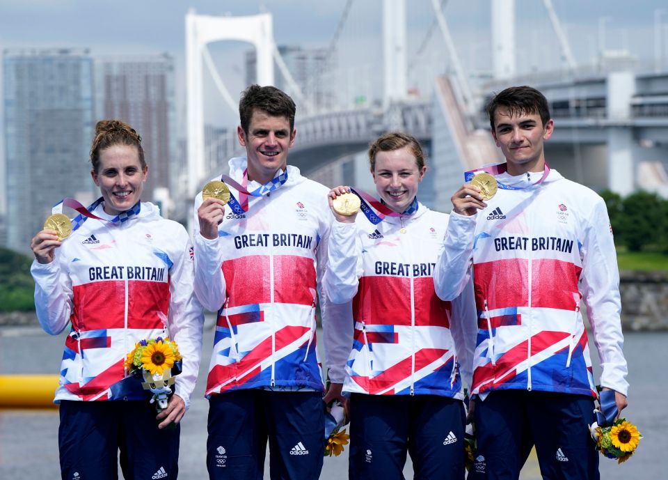 Jonny (second left) now has his gold though after winning the Triathlon medley